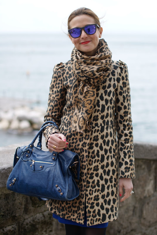 leopard print coat, Balenciaga cobalt blue city bag, Oakley mirrored sunglasses, Fashion and Cookies