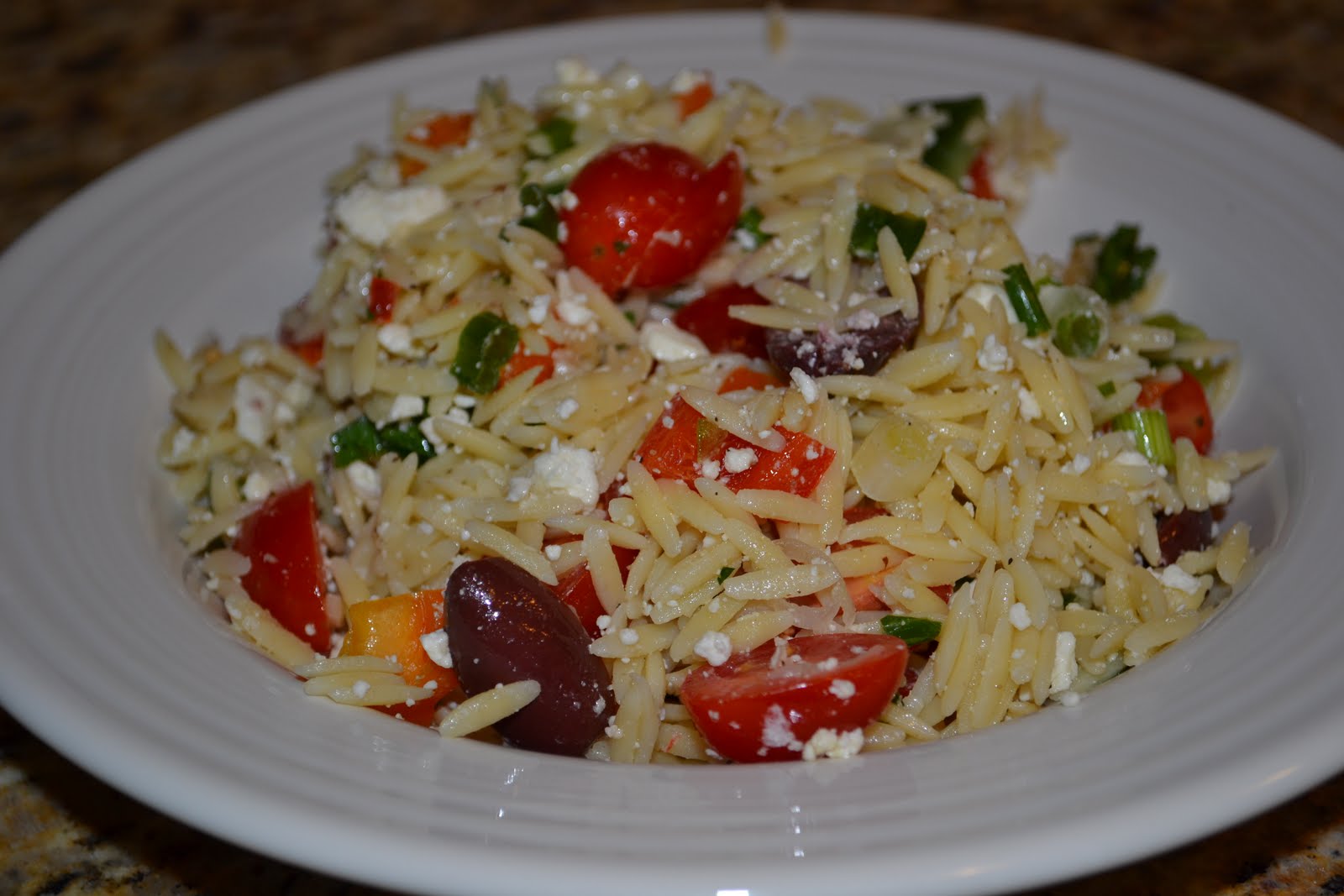 Kim in the Kitchen Orzo Salad with Kalamata Olives, Peppers and Feta