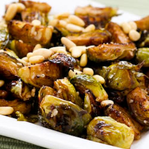 Roasted Brussels Sprouts Recipe with Balsamic, Parmesan, and Pine Nuts