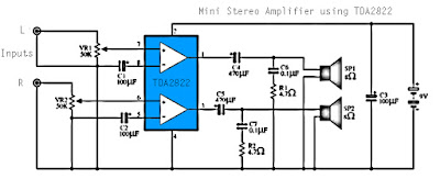 Mini Stereo Power Amplifier using TDA2822 Circuit Diagram