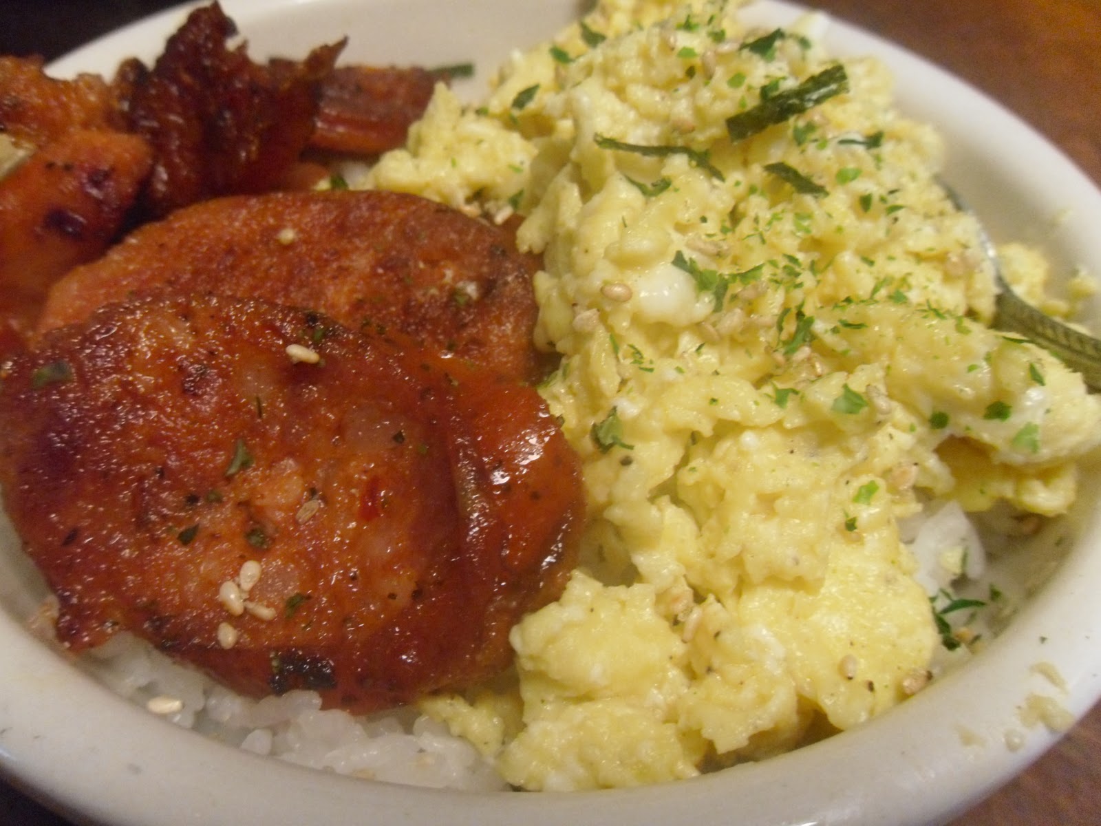 The Polynesian Kitchen Portuguese Sausage.Eggs.Rice.
