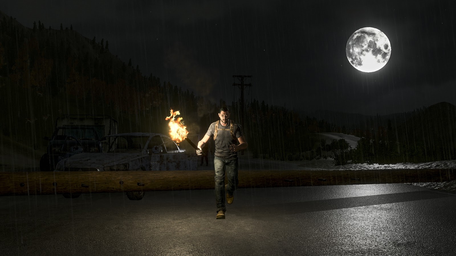 парень с факелом на фоне луны