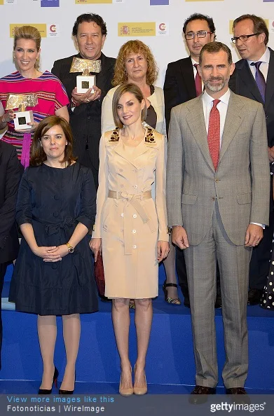 Soraya Saenz de Santamaria, Queen Letizia of Spain and King Felipe of Spain pose for a group picture during the 'Rey de Espana' and 'Don Quijote' Journalism Awards Ceremony at Matadero de Madrid on May 7, 2015 in Madrid, Spain