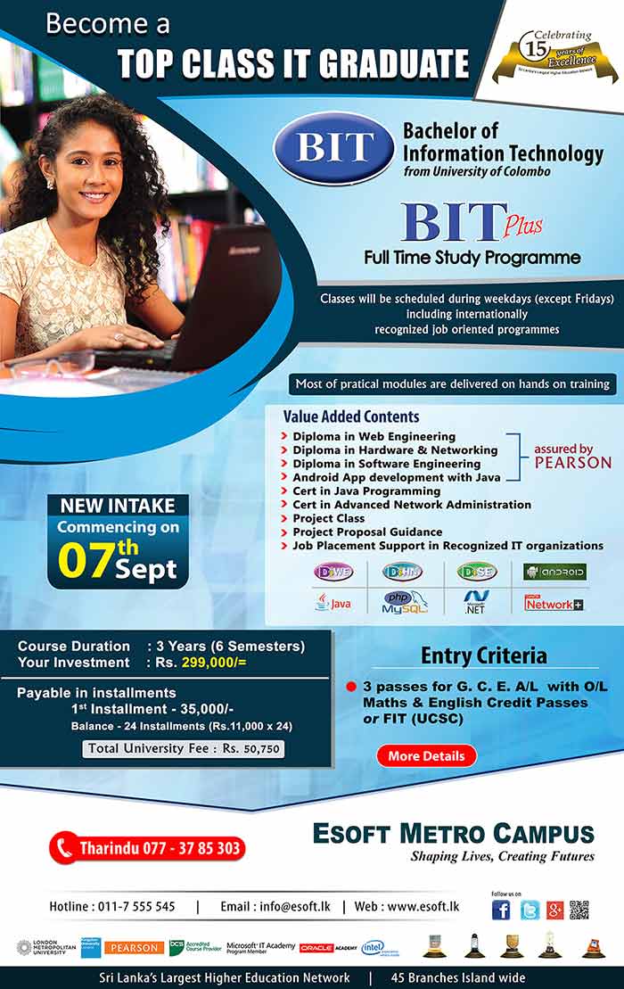 BIT is the most sought after yet cost effective Academic Degree (External) Programme from the University of Colombo School of Computing (UCSC) since the year 2000 in SriLanka. ESOFT is Sri Lanka’s #1 BIT Trainer having produced the largest share of passed out graduates including 9+ first class degree holders and 8 Gold medalists year after year.
