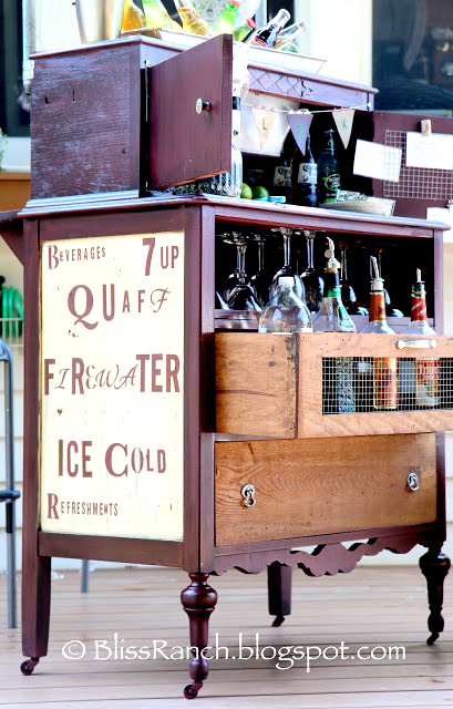 Old dresser turned portable bar, by Bliss Ranch, featured on I Love That Junk