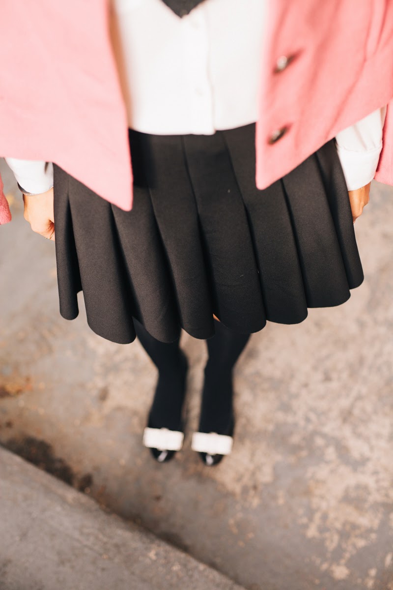 pleated skirt, black schoolgirl skirt, cat-eye sunglasses, knee high socks, kate spade bow heels, snap on bow tie, nars lipstick, blair waldorf outfit