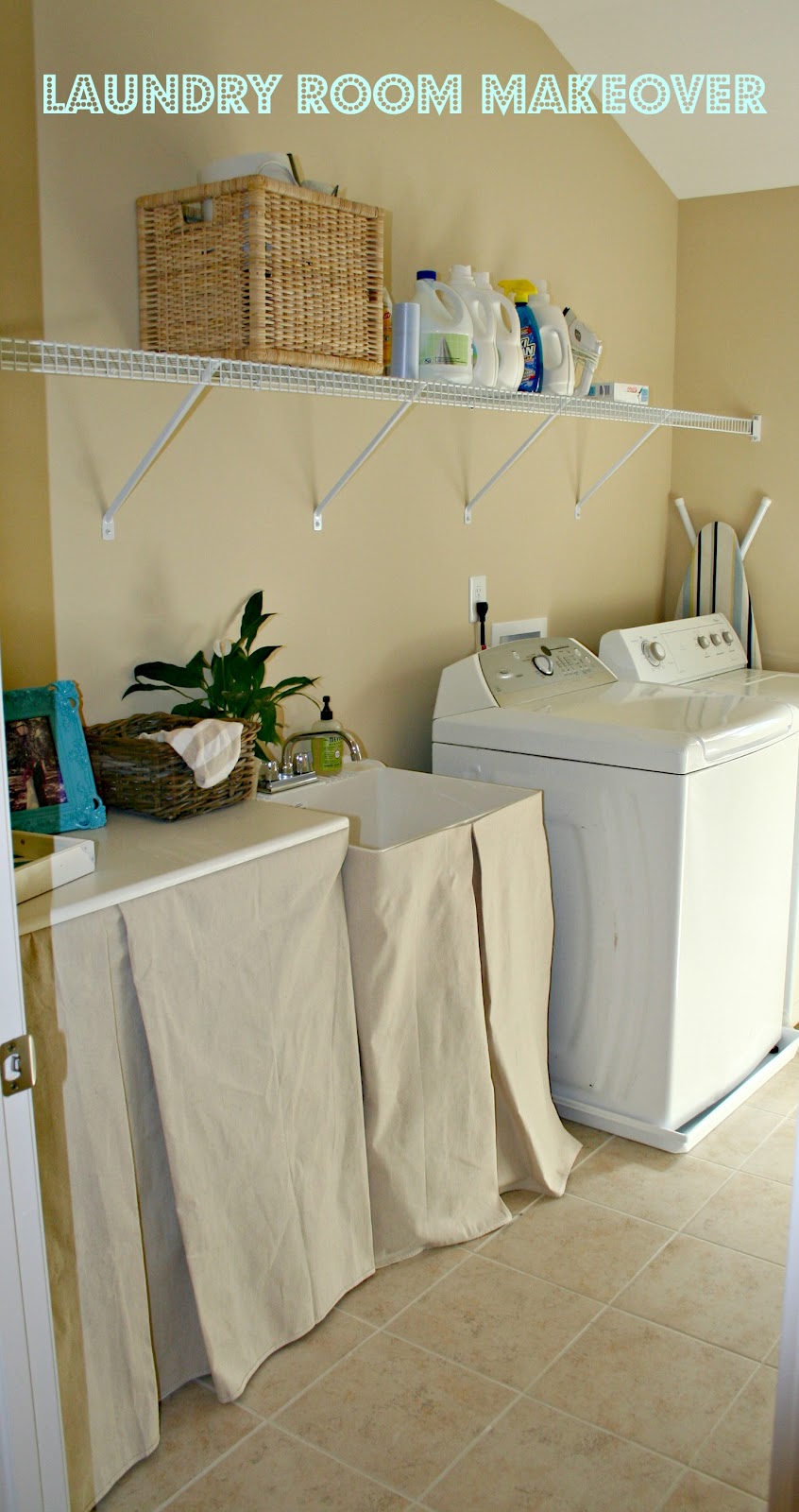 Laundry Room Makeover and No Sew Sink Skirt The Happier Homemaker