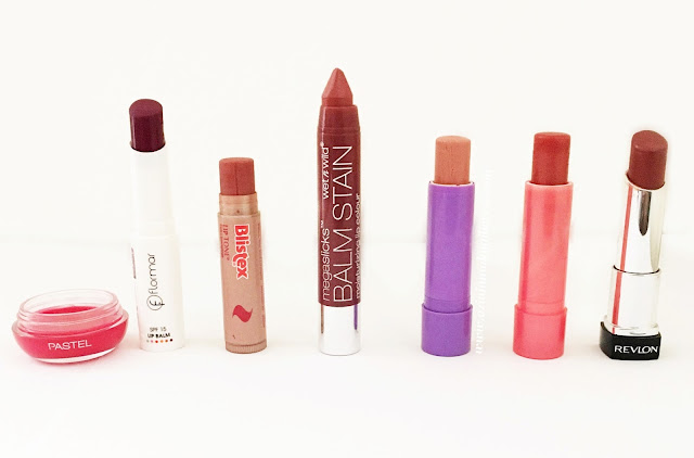 Soldan Sağa: Pastel Profashion Lip Balm ( 040 Nar) , Flormar Black Mulberry Balm , Blistex Lip Tone , Maybelline Baby Lips (Peach Kiss) , Wet n Wild ( E126 Rico Mauve) , Blistex Lip Brilliance , Revlon Lipbutter (001 Pink Trufle)