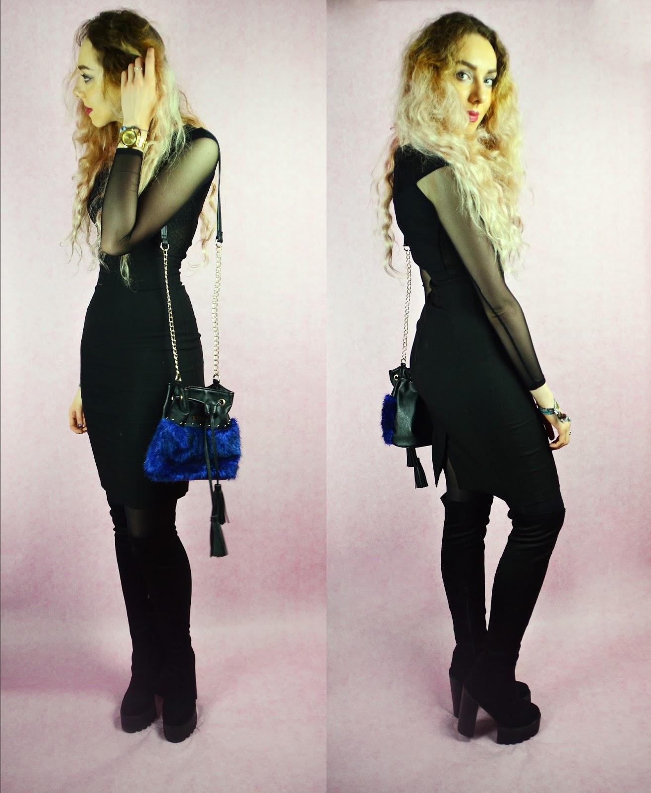 Hybrid Haeley Mesh Sleeve Dress with Lace Detail Black, pink hair, stephi lareine, blogger, rose