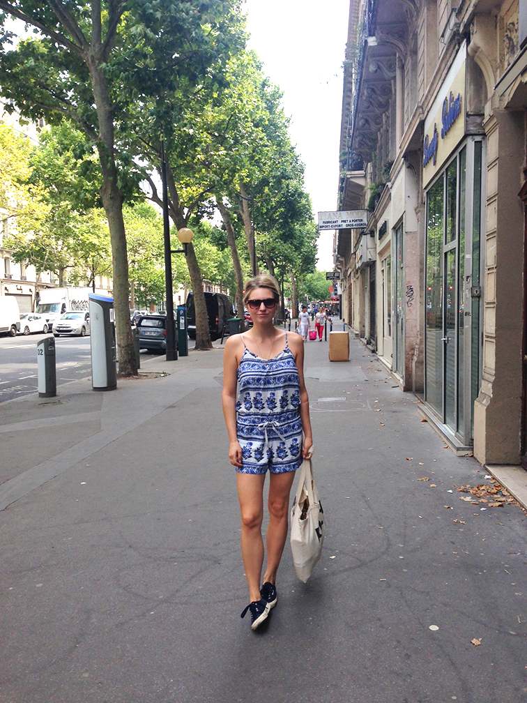 Street style in Paris, summer fashion, LOFT romper, navy Superga sneakers