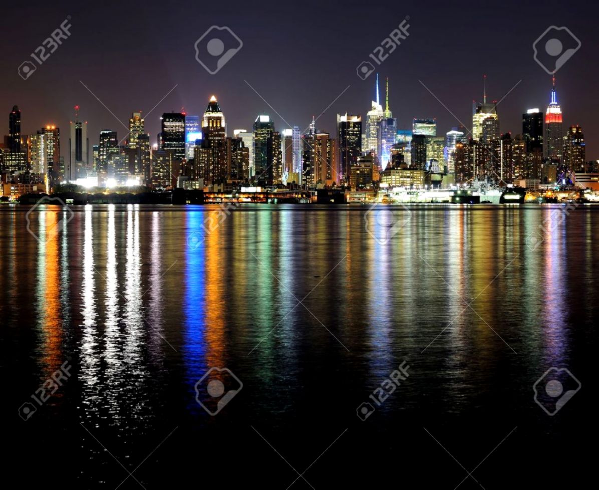 New York City Manhattan Midtown Skyline Panorama At Night With New York City Manhattan Midtown Skyline Panorama At Night With