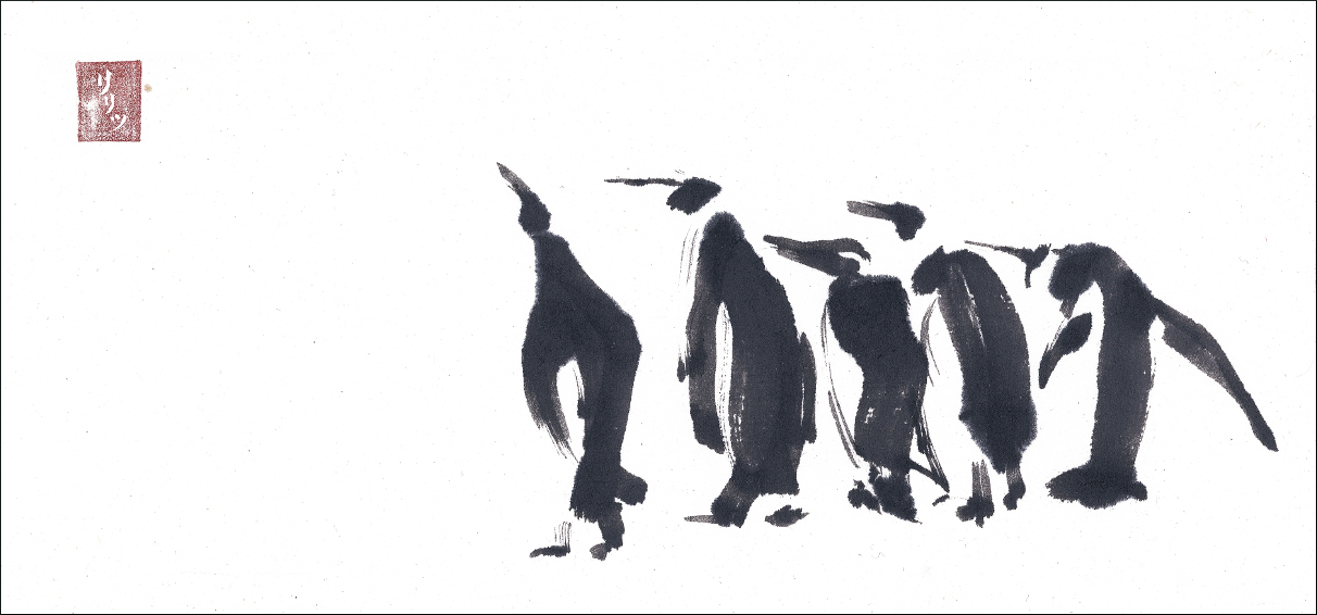 Thoughts on Originality blog illustration of Sumi-e painting of penguins