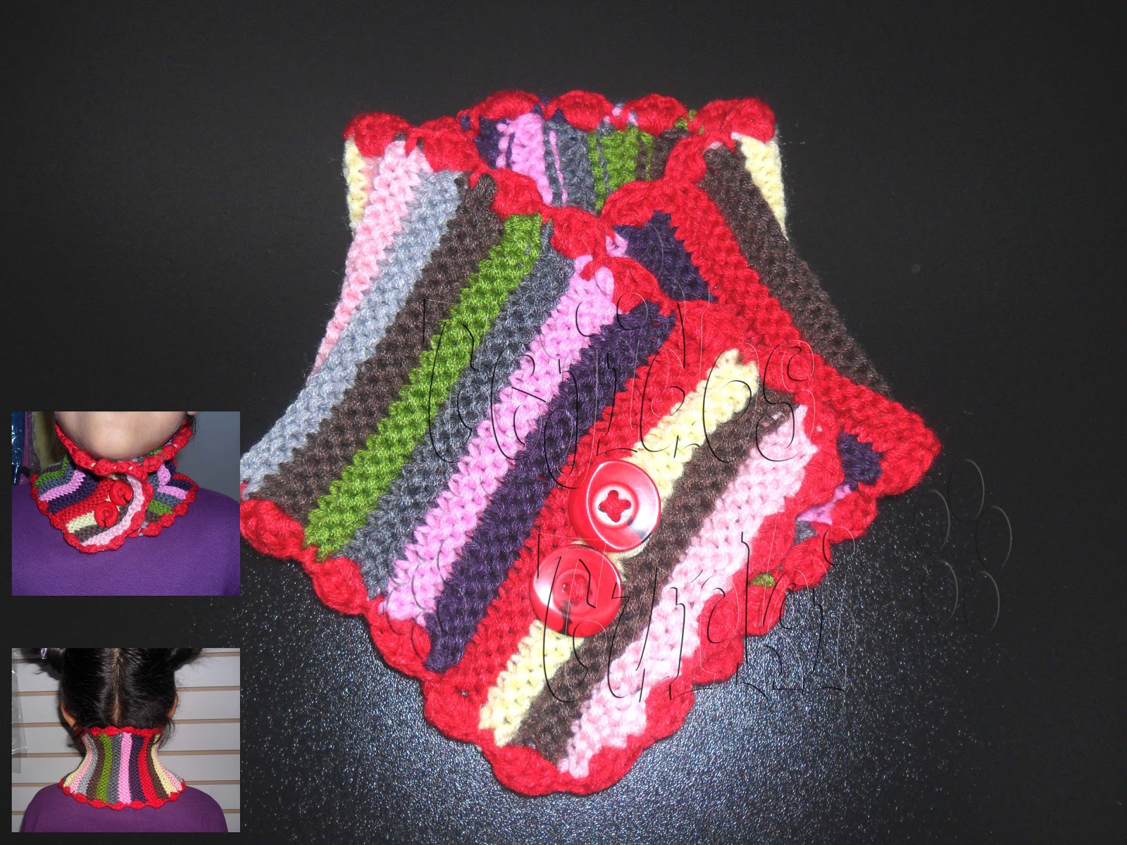 Esta bufanda collar, como las llamo, mide 46 cms. de largo x 14 cm ancho. Lleva bordes tejidos a crochet, en donde los extremos se han hecho bobitos con el