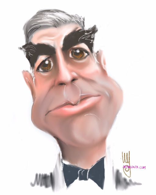 George Clooney caricature cartoon. Portrait drawing by caricaturist Artmagenta