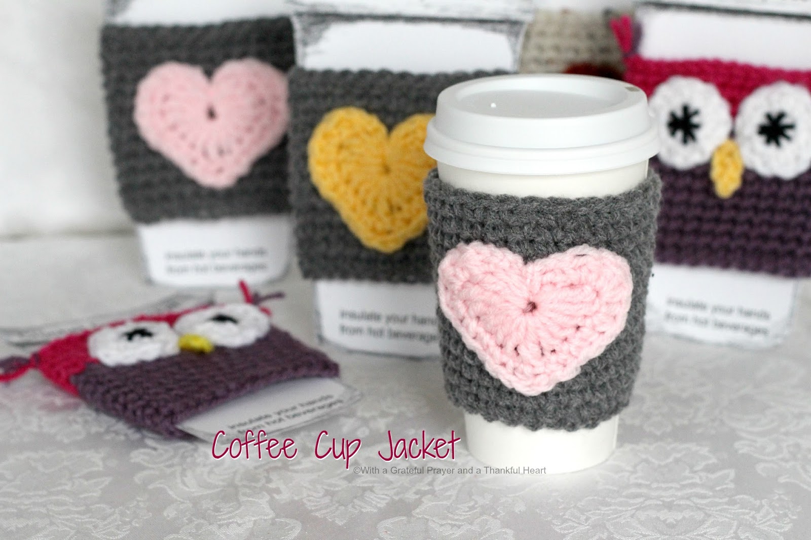 Crochet Beverage Cup Jackets Grateful Prayer Thankful Heart