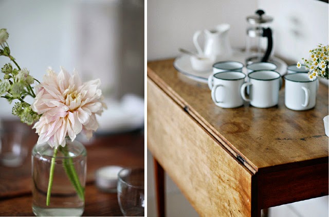 Flowers in jars and enamelware cups for a casual afternoon tea
