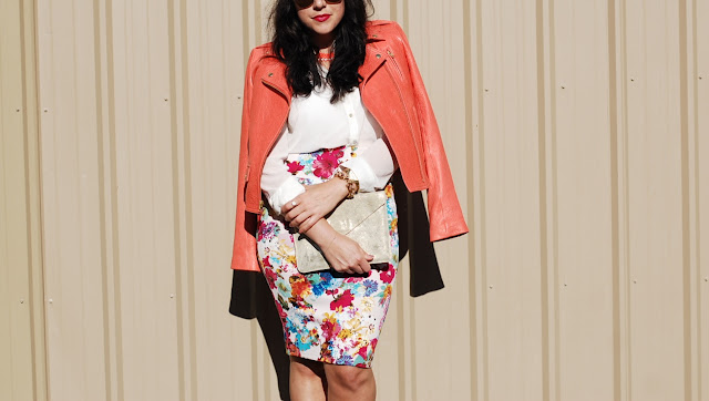 Vancouver fashion blogger, Elenian leather Theory jacket, Floral pencil skirt, Topshop heels and a gold Gap clutch.