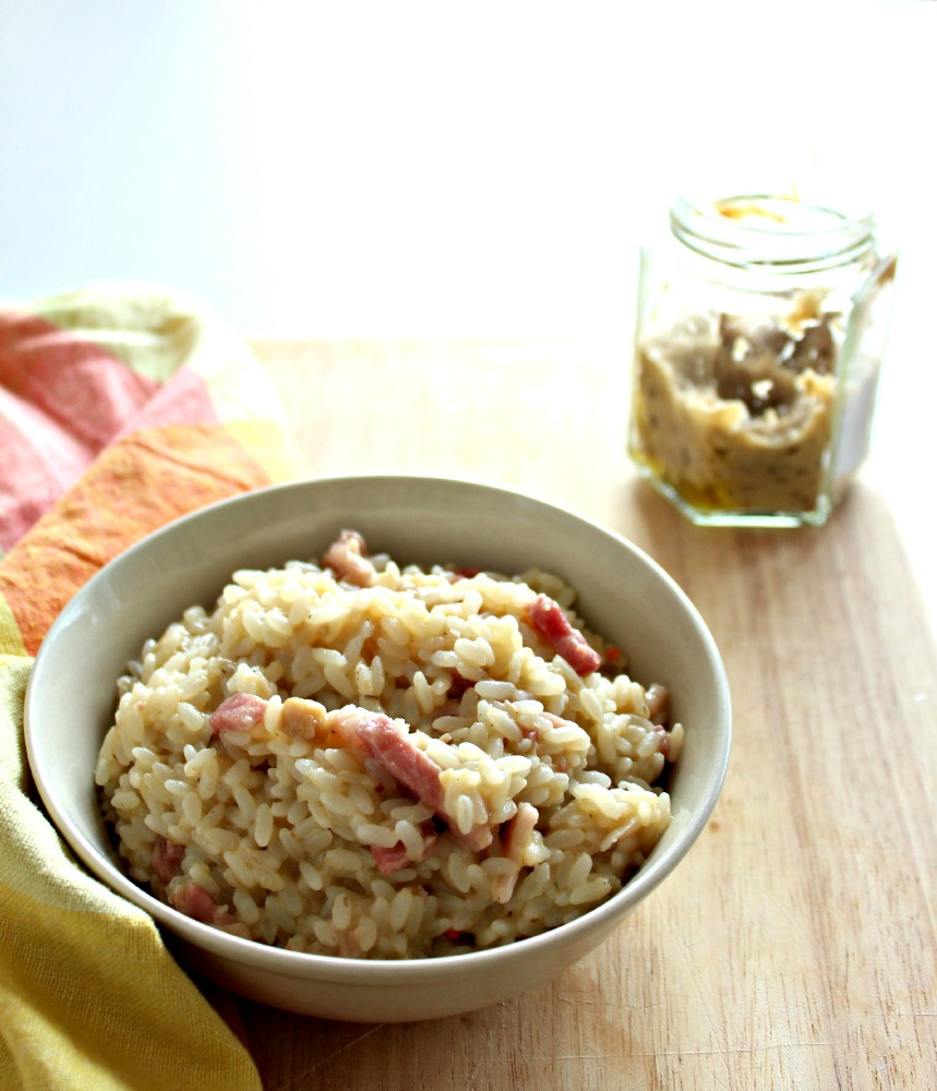 Risotto con pancetta e crema di funghi - Bacon and mushrooms risotto