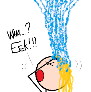 Cascade of water flowing onto female figure's head.  She yells, "Wha...?  Eeek!!!"