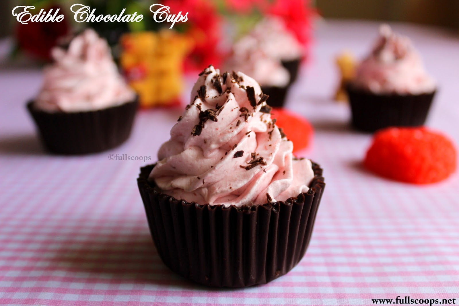 Edible Chocolate Cups with Eggless Strawberry Mousse Full Scoops A