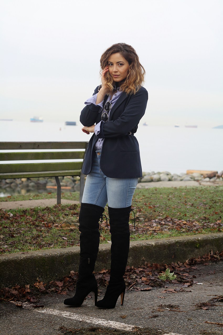 blazer and over the knee boots