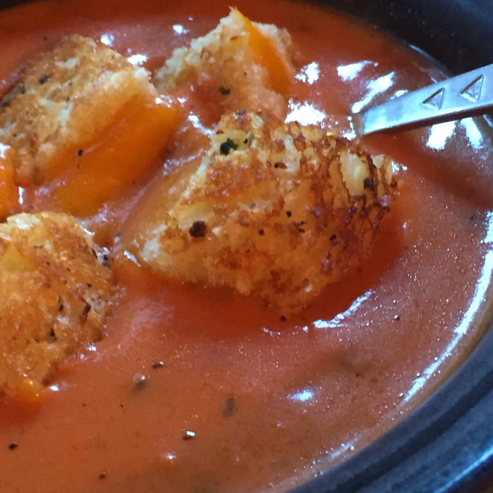 Garlic Butter Grilled Cheese Croutons with Tomato Basil Soup Purple