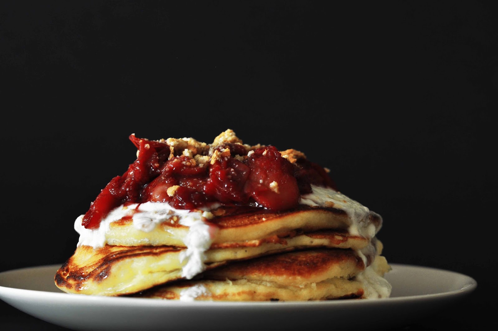 Buttermilk Pancakes with Yogurt Dressing topped with Hibiscus Peach