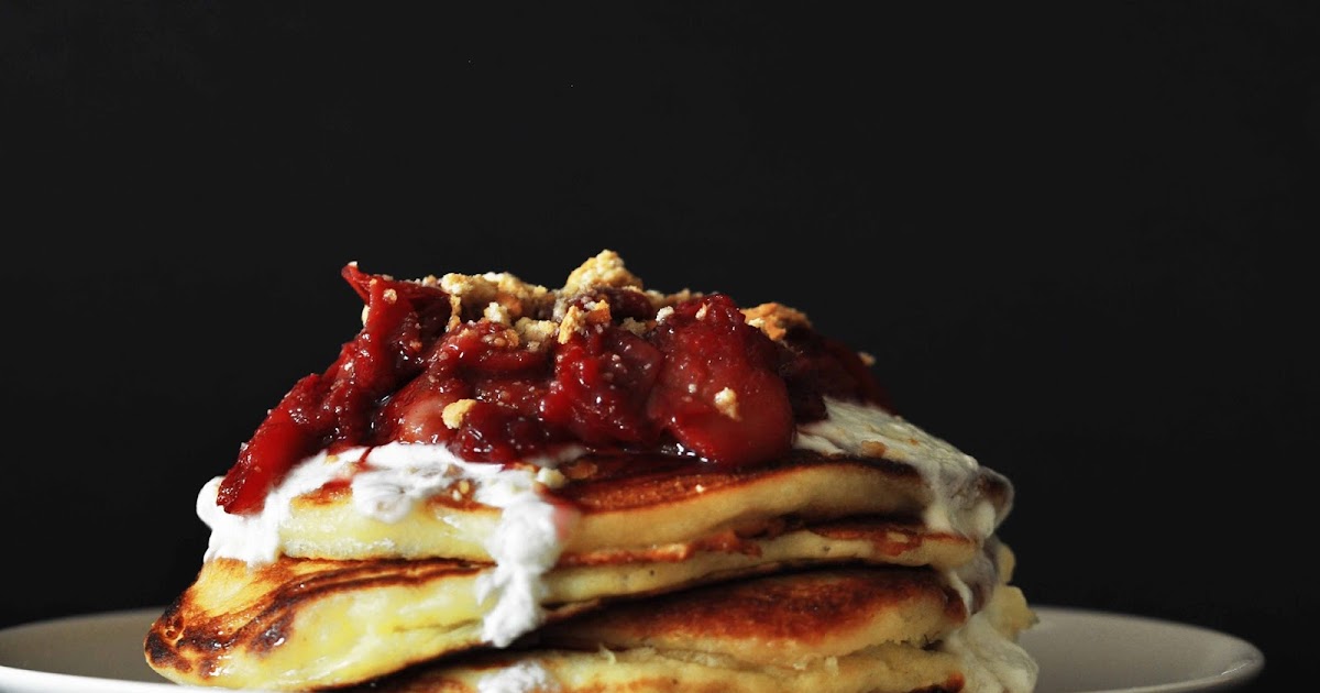 Buttermilk Pancakes with Yogurt Dressing topped with Hibiscus Peach