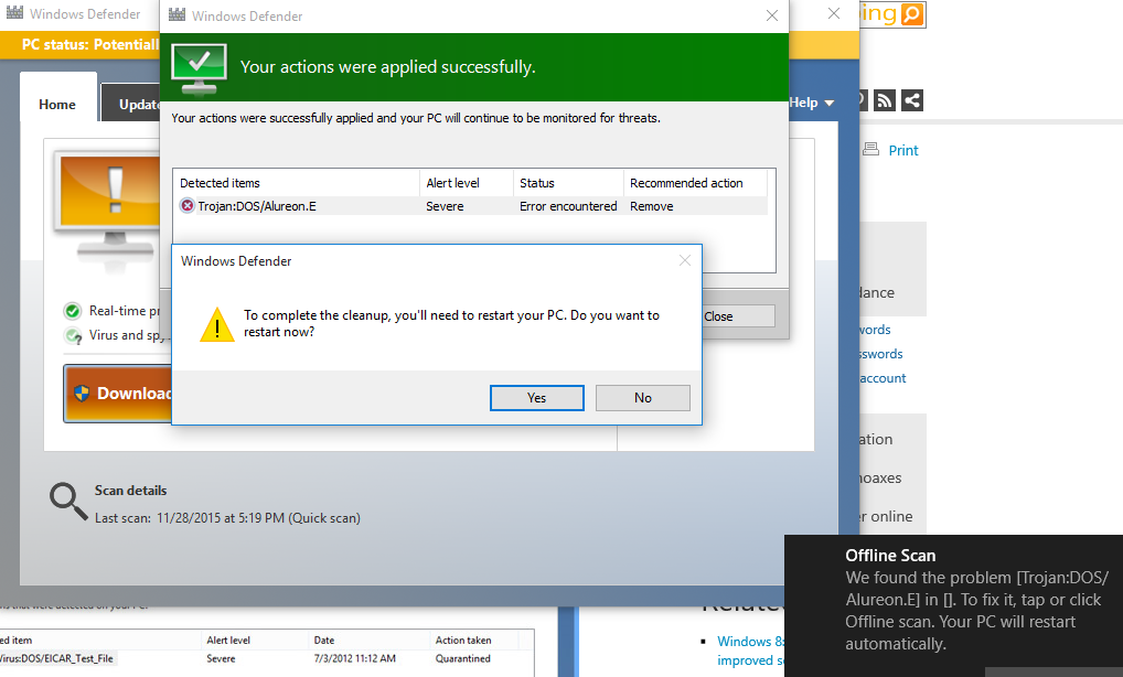 Hodentek Windows Defender and the TrojanDOS/Alureon.E