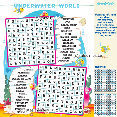 Underwater world word search puzzle, answer included