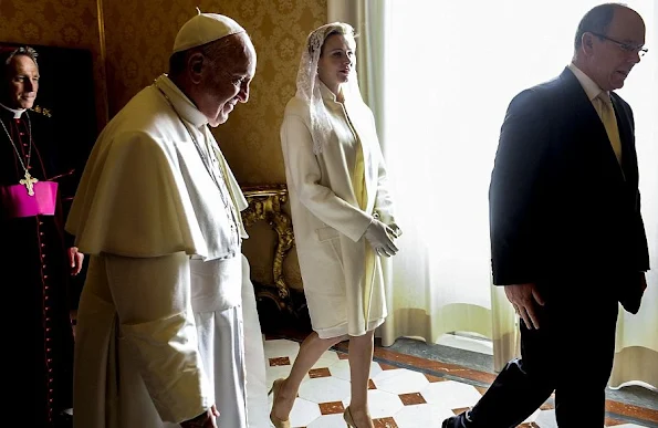 Pope Francis meets Prince Albert II of Monaco, Princess Charlene of Monaco and their delegation during at the Apostolic Palace