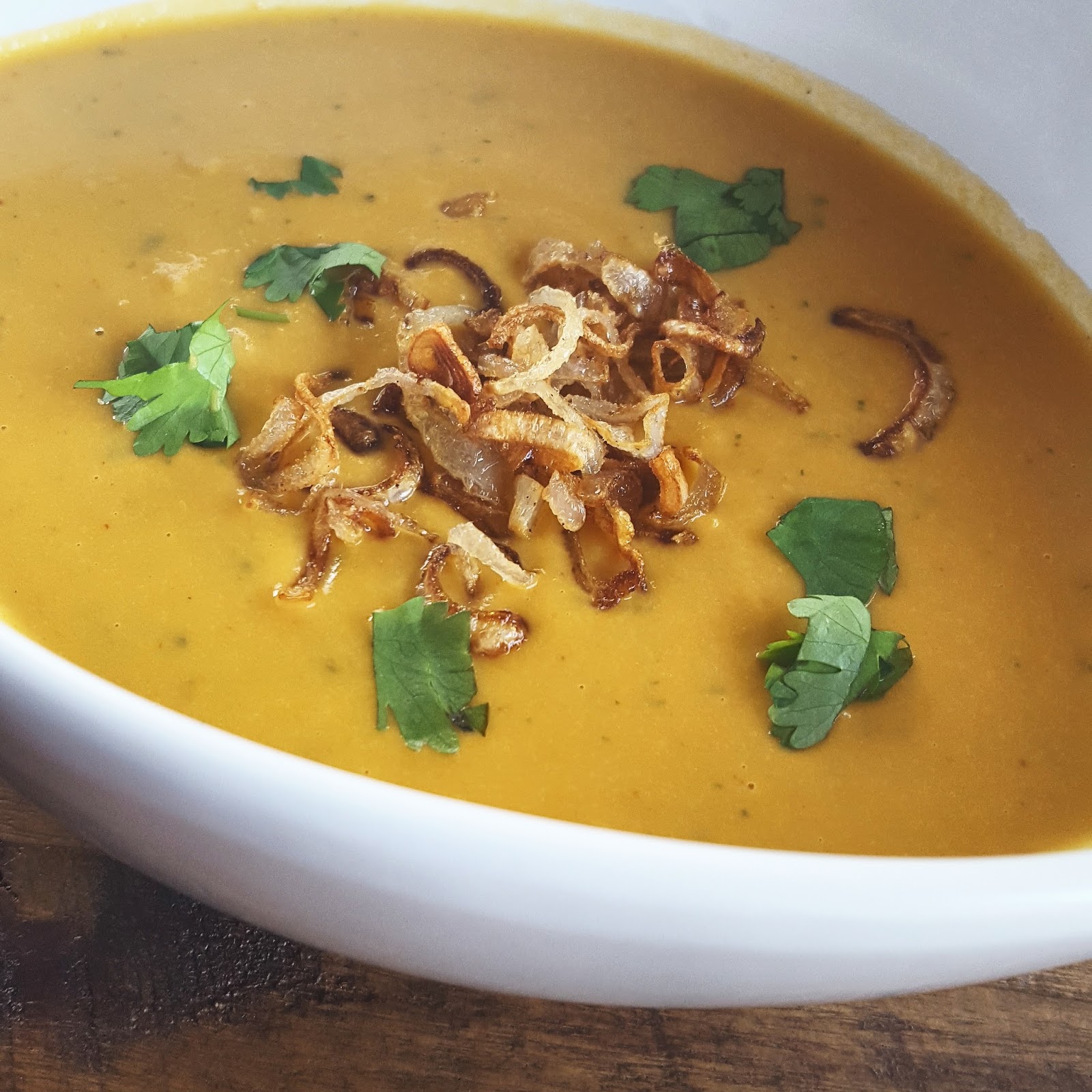 Sweet Potato and Apple Soup with Crispy Shallots Chef Jen