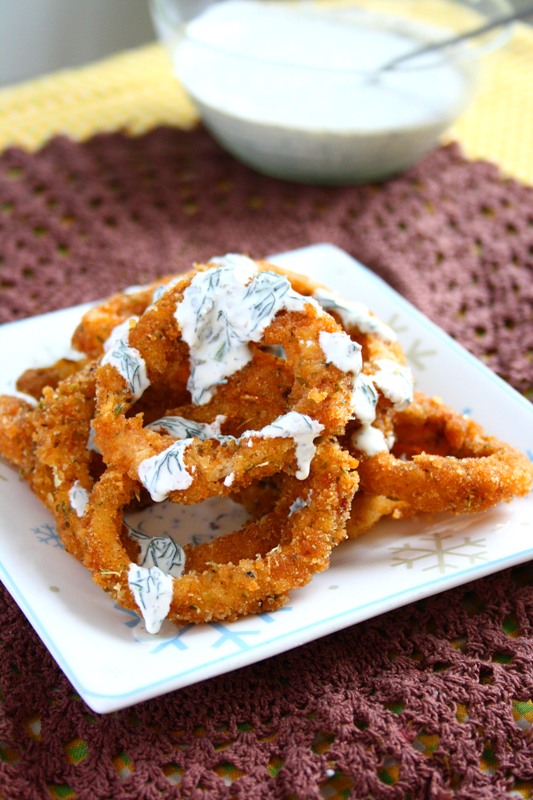 collecting memories Onion Rings with Garlic Dill Dip