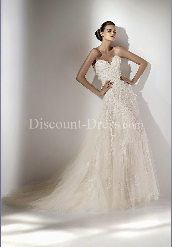  A-Line Sweetheart Floor Length Attached Tulle Embroidery #Wedding #Dress