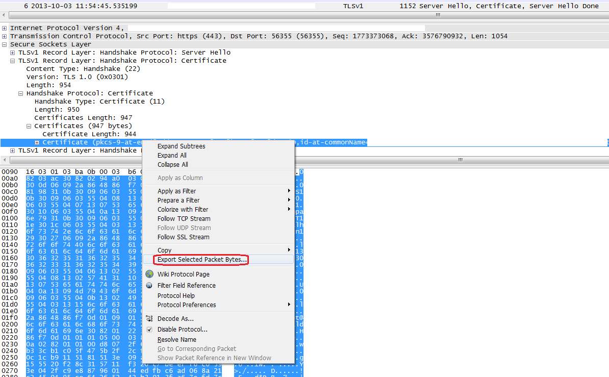 exporting server certificate from wireshark and verifying certificate der format