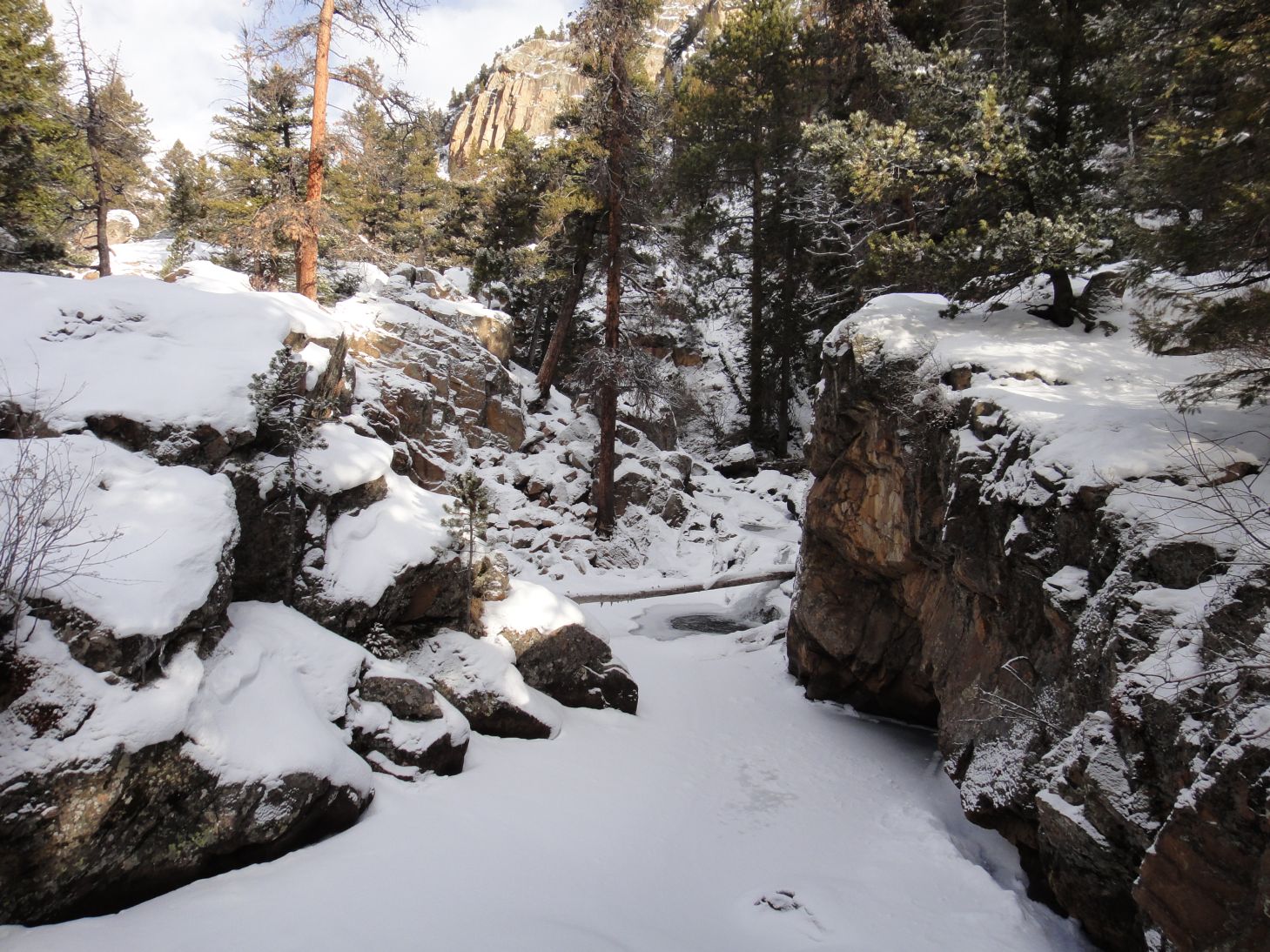 Hiking Rocky Mountain National Park Spruce Lake in the winter.