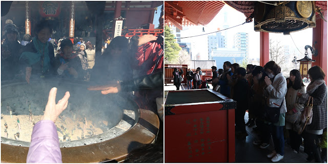 Fan some smoke towards yourself as the smoke is believed to have healing power and throw a coin into the offering box, clap your hands twice and pray for a few seconds at Asakusa Sensoji Temple in Tokyo, Japan Fan some smoke towards yourself as the smoke is believed to have healing power and throw a coin into the offering box, clap your hands twice and pray for a few seconds at Asakusa Sensoji Temple in Tokyo, Japan