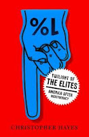 Red cover of Twilight of the Elites with blue we're #1 finger hand pointing downward