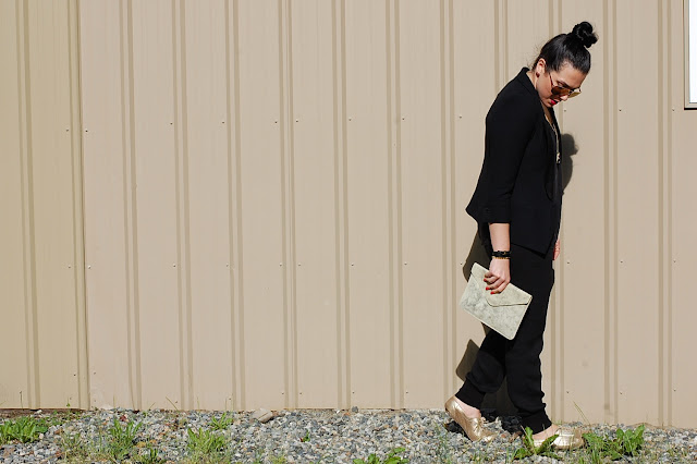 Smythe tuxedo blazer, Vince silk jogger pants, French Connection silk tank, gold Gap clutch and gold brogues.