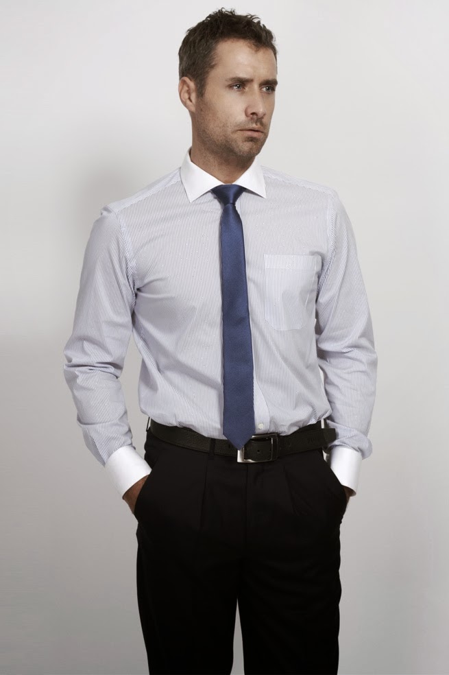 light blue dress shirt with white collar