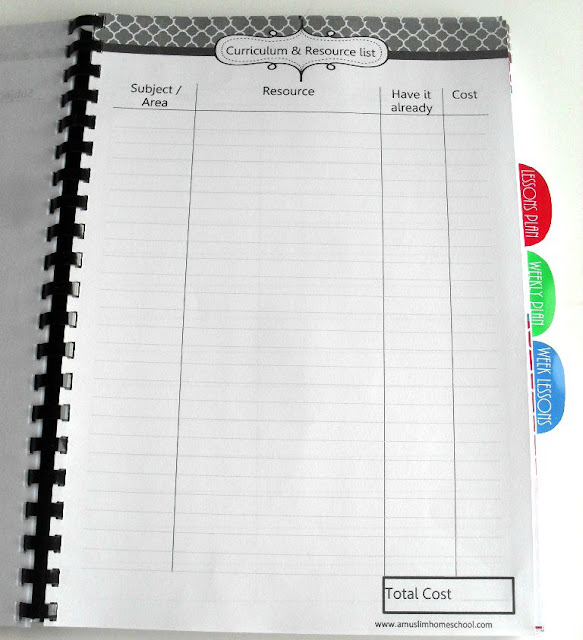 chosen curriculum and cost sheet for the Home School Planner 