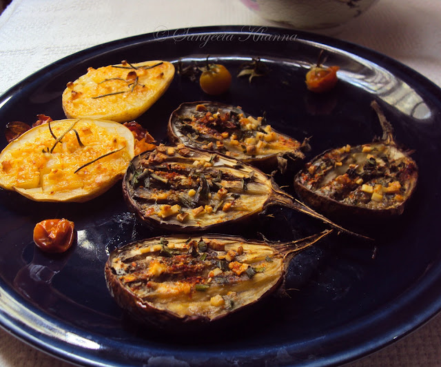 Grilled vegetables: potatoes with rosemary cream and eggplants with chives and olive oil..