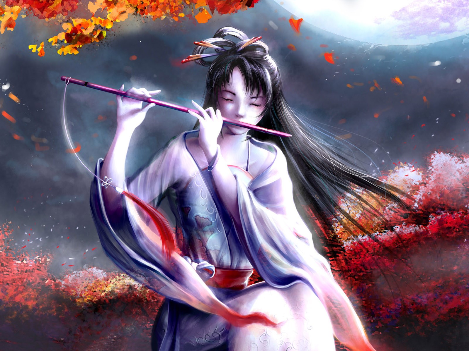 Great Anime Wallpaper Beautiful Japanese Girl With Flute Fantasy Artwork Digital Art Cg Hd Quality Anime Wallpaper