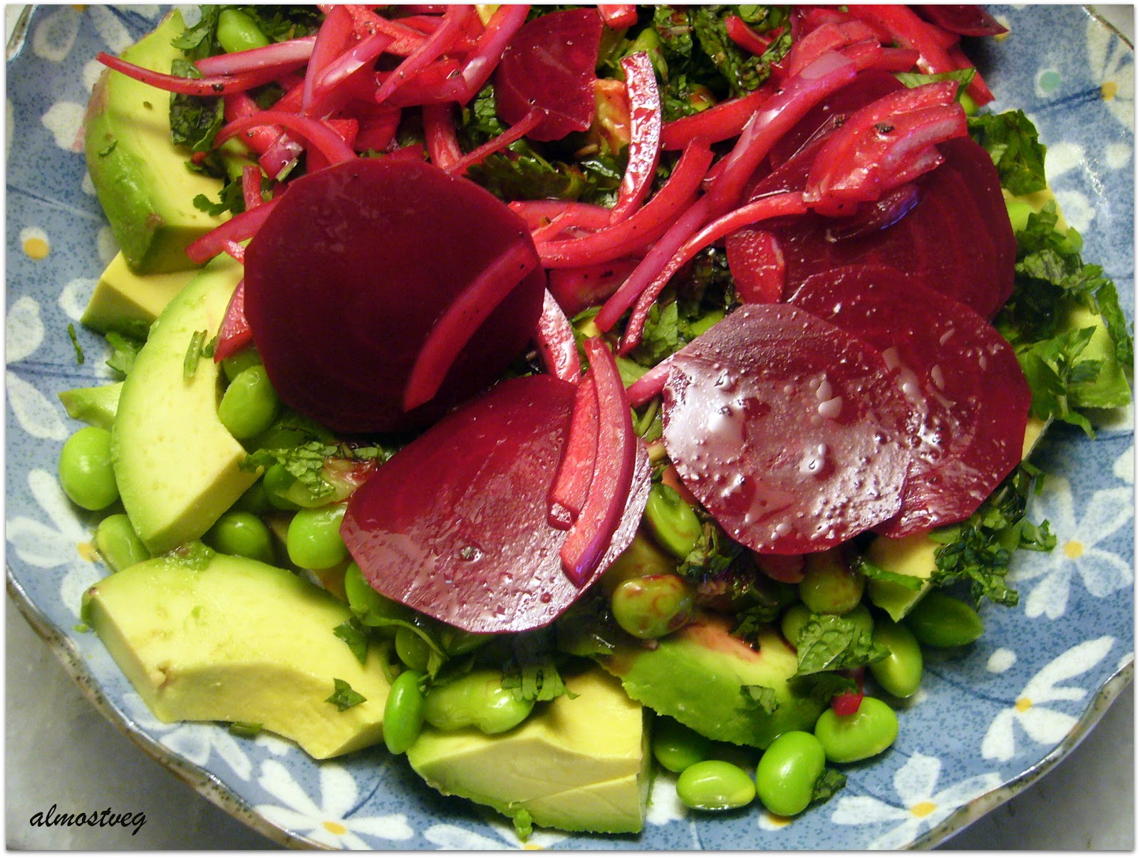 almostveg Beetroot avocado and edamame salad