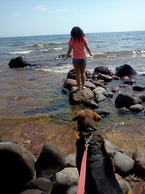 photo of Bette Grise rocky beach with dog