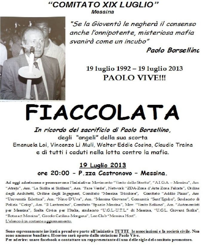 Messina - Fiaccolata in ricordo di Paolo Borsellino e di tutti i caduti nella lotta contro la mafia 
