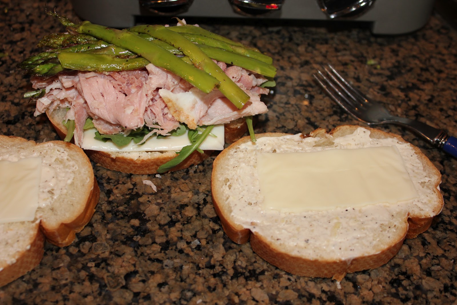 Never trust a skinny cook.... Ham asparagus panini with garlic pepper mayo