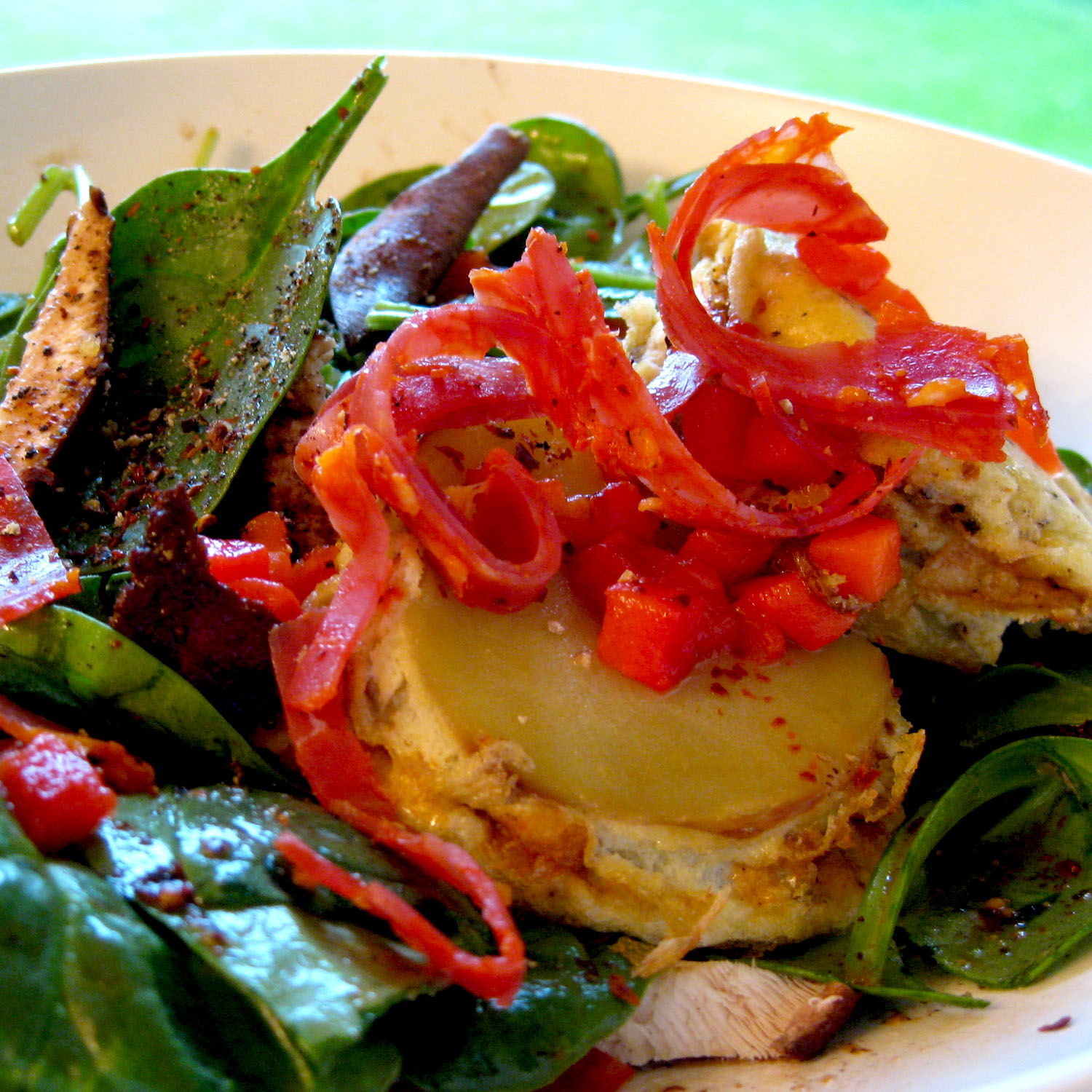 Warm Spinach Salad with Sherry Vinaigrette, Spanish Chorizo, and