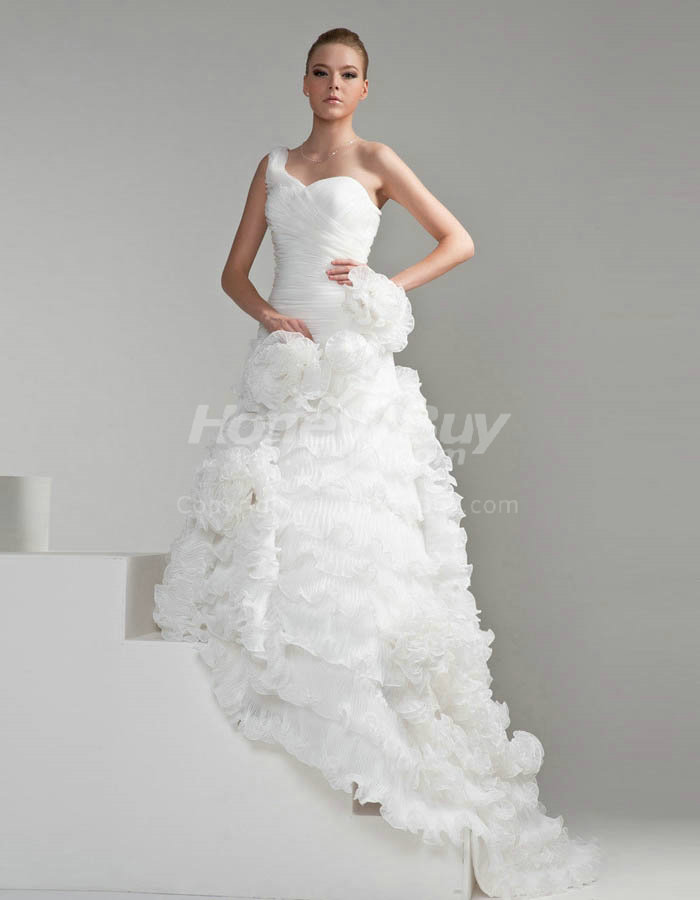 One Shoulder Layer Floral Organza Wedding Dress Hairstyles And