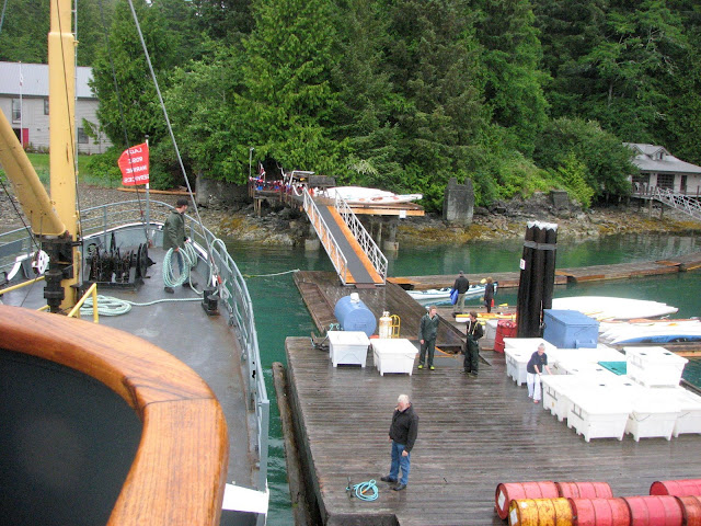The MV Frances Barkley nudges against the dock at Sechart, where the bulk of our fellow passengers will disembark for a few days of kayaking (LUCKY SOULS!!)